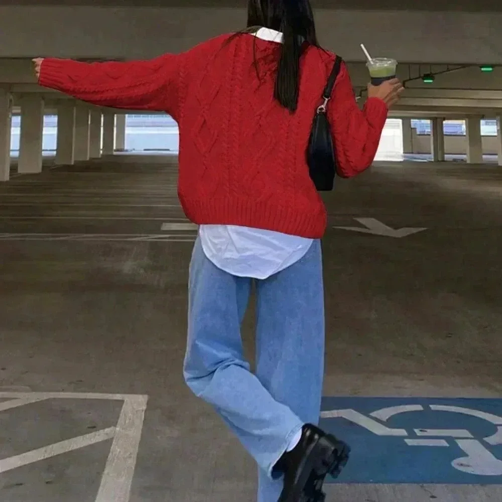 Deep Red Casual Women's Cable Knit Crew Neck Loose Long Sleeve Sweater - Picture 2 of 6